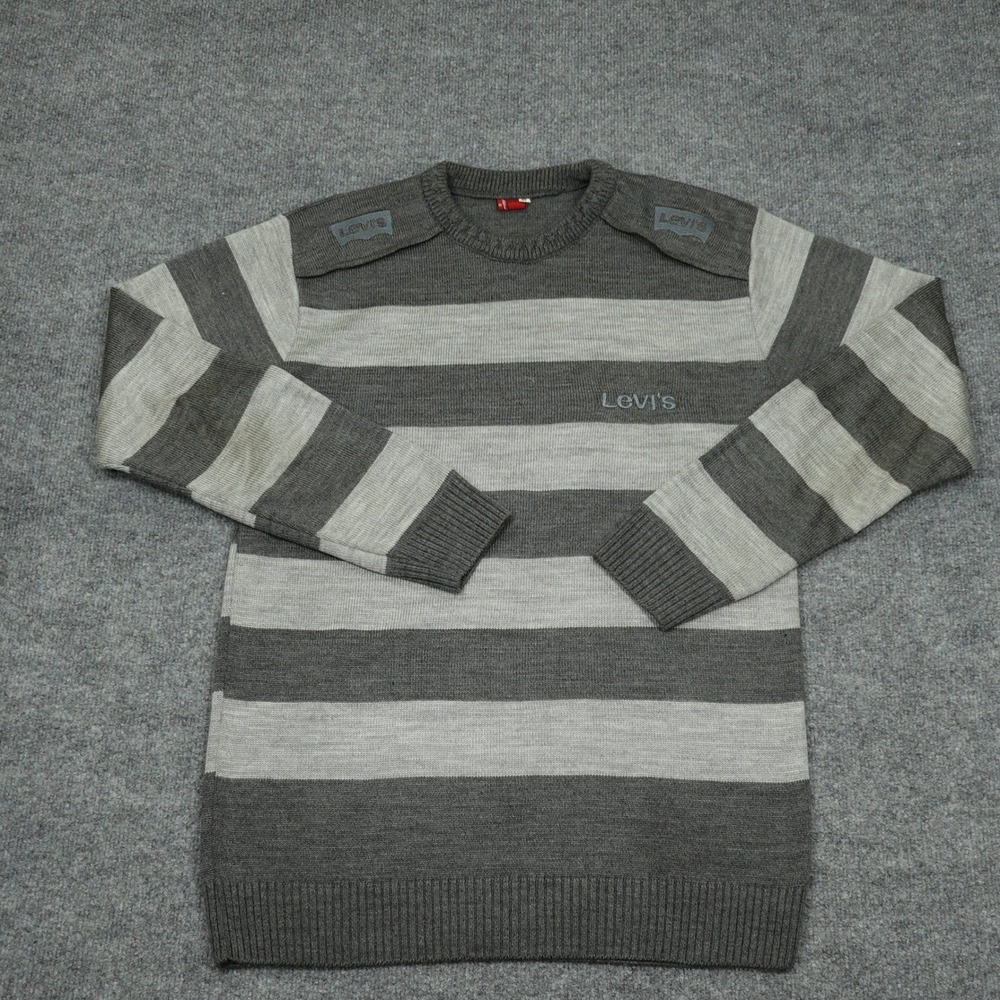 Levi's Sweater Mens XL Grey Striped Crewneck Shoulder Epaulets Red Tab Knit